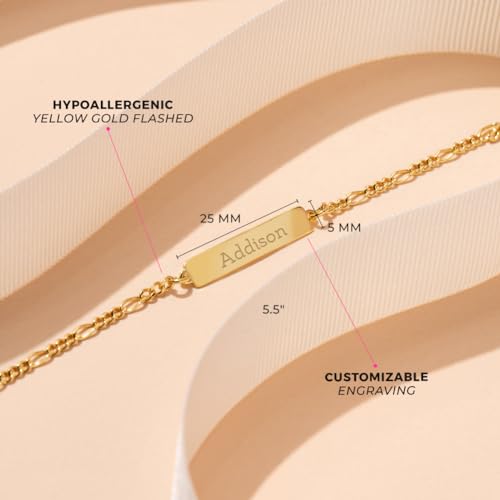 925 Sterling Silver Tag Identification Classic Unisex Engravable Kids ID Bracelet 5.5"- Yellow Gold Flashed Figaro Link Chain Bracelet- Shiny & Dainty Jewelry For Toddlers Daily Accessory2