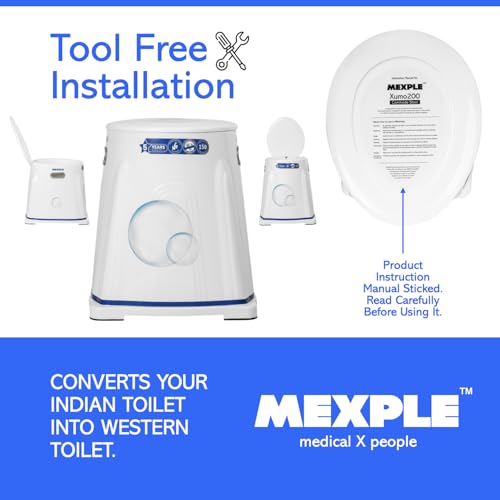 Image of MEXPLE Xumo200 Portable Indian to Western Toilet Converter Commode Chair (5 Years Warranty) | Portable Western Heavy Duty Toilet Seat for Elderly Handicap Users | Foldable Bathroom Chair - White