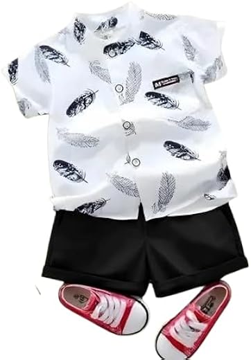 Agnika Toddler Boys Summer Outfit 2-Piece Set – White Feather Co-Ord Set Print Short Sleeve Button Down Shirt & Black Shor...