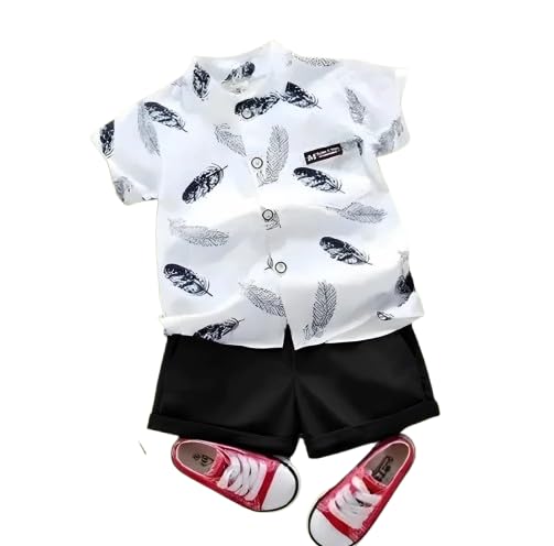 Agnika Toddler Boys Summer Outfit 2-Piece Set – White Feather Co-Ord Set Print Short Sleeve Button Down Shirt & Black Shor... - Review, Price and Buying Guide