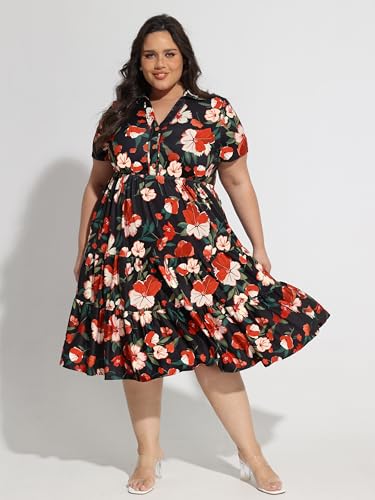 Image of CARCOS Plus Size Dresses for Curvy Women Collared Vneck Short Sleeve Dresses Midi Summer Ruffle Dress with Pocket XL-5XL
