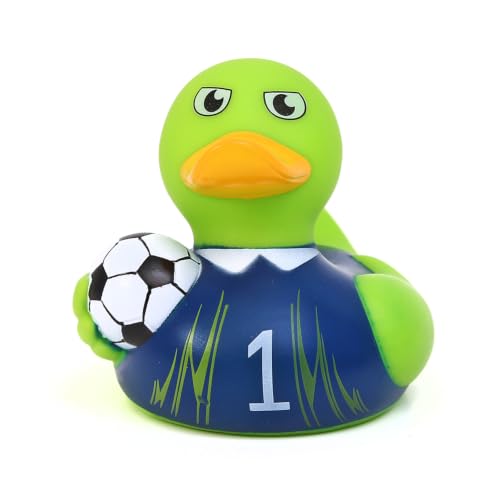 Waddlers Yellow Soccer Rubber Duck with Black Jersey, New Fresh Colorful Design, Floating Upright Toy and Collectible Figurine, Party Gift for All Ages