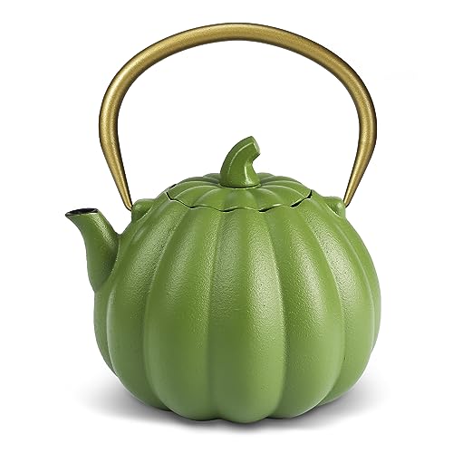 VICSKY Pumpkin Cast Iron Teapot (40 oz/1200 ml), Cute Natural Pumpkin Shape, Cast Iron Tea Kettle with Enamel Coated for Loose Tea Leaf, Stovetop Safe(Light Green)