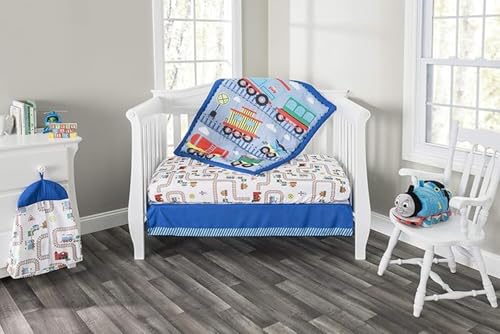 Image of EVERYDAY KIDS 4 Piece Boys Crib Bedding Set - Choo Choo Train - Includes Quilt, Fitted Sheet, Dust Ruffle and Diaper Stacker - Nursery Bedding Set - Baby Crib Bedding Set