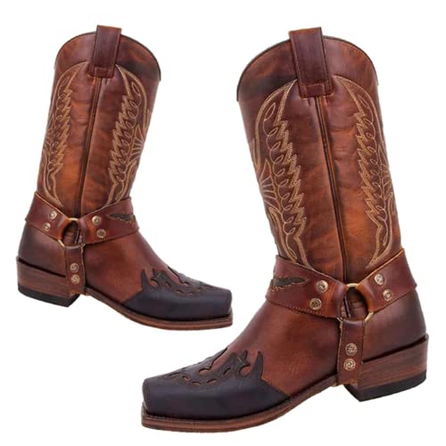 Western Boots for Men Cowboy Boots Lightweight Durable Round Toe Modern Boots Fashion Embroidered Hand Stitching Riding Cowgirl Boots Anti Slip Mid-Calf Wide Calf Pull On Boot Traditional Country Boot3