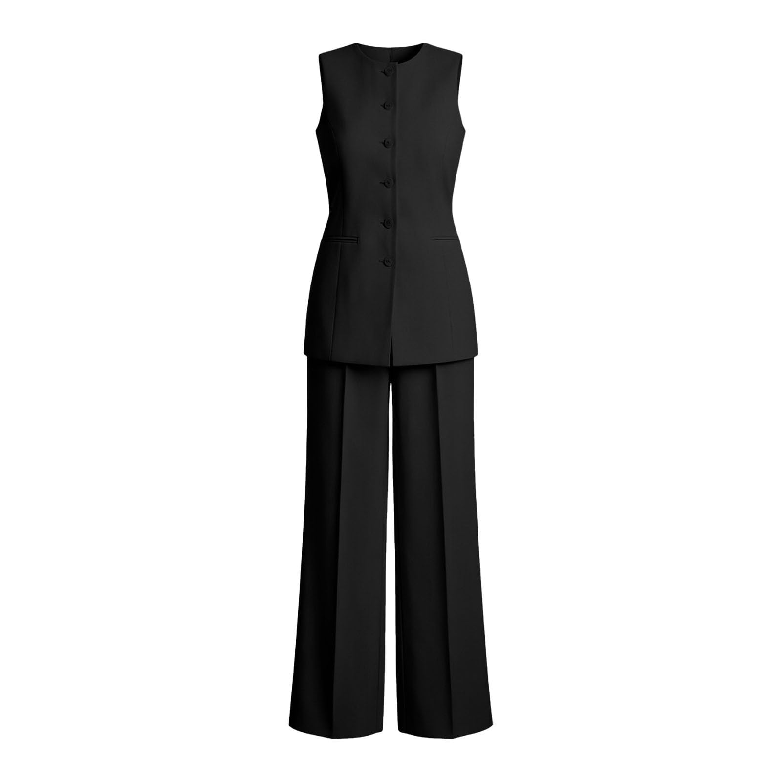 Generisch Tuta da donna in 2 pezzi, elegante scollo a V, blazer senza maniche, gilet e pantaloni, tuta da lavoro a gamba larga, abito formale, streetwear, alla moda, set da due pezzi