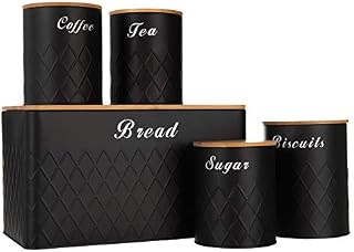 LIVIVO 5pc Kitchen Storage Set with Airtight Bamboo Lids Includes Tea Coffee Sugar with Matching Biscuit Barrel Canister Jar & Stylish Bread Bin  Diamond Embossed Design Matt Finish (Black)