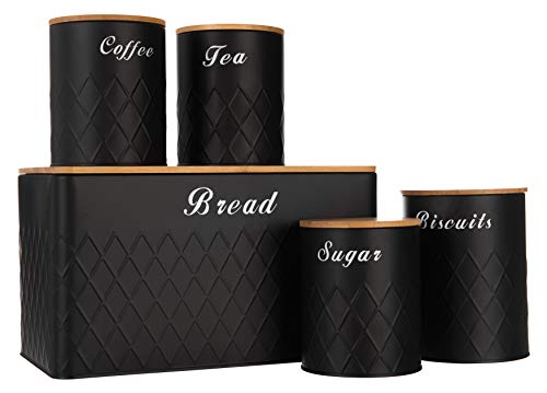 LIVIVO 5pc Kitchen Storage Set with Airtight Bamboo Lids Includes Tea Coffee Sugar with Matching Biscuit Barrel Canister Jar & Stylish Bread Bin – Diamond Embossed Design Matt Finish (Black)