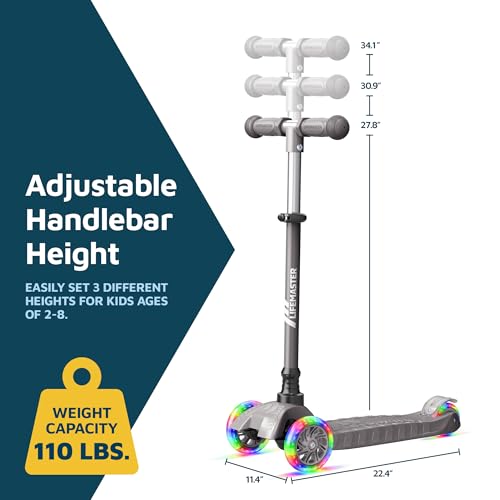 Lifemaster Mini 3-Wheel Kids Scooter with Multi-Color Wheel Lights – 4-Height Adjustable Handlebar, Wide Anti-Slip Deck, Child Safety Certified, Boys & Girls Ages 2+ Supports Up to 110 lbs, Gray