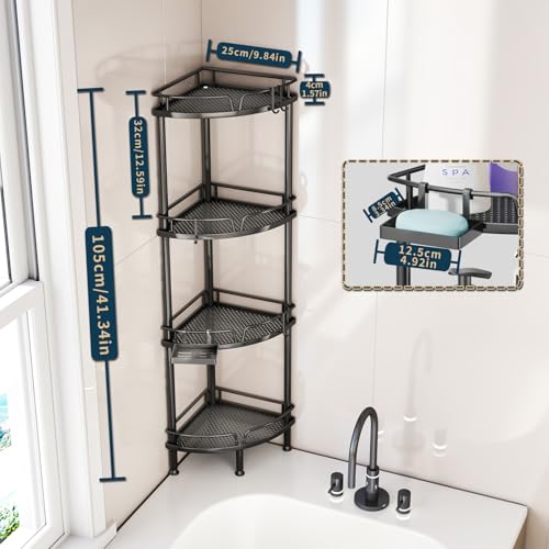 Consumest Corner Shower Caddy Stand - 4 Tier Shower Organizer with Soap Holder, Standing Tall Floor Shower Stand with Adjustable Feet & 4 Hooks, Shower Shelf Rack Storage for Bathroom Black