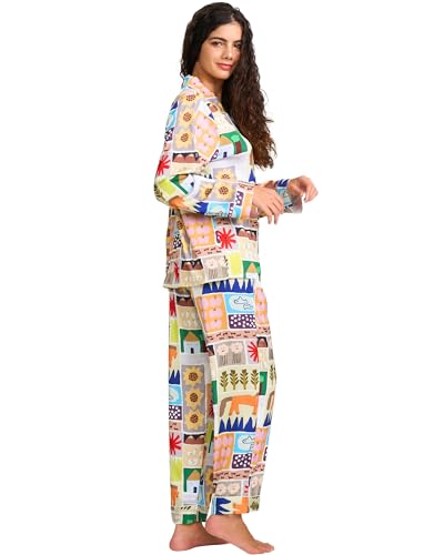 Image of YiNi LuLu Womens Silk Satin Pajamas Set Button Down 2 Piece Pjs Long Sleeve Oversized Sleepwear with Pockets