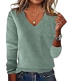  shownicer Pull Femme Chic Et Elegant Col V Pull Hiver Couleur Unie Manche Longue Pulls en Tricot Leger Sweater Haut Tops A Vert Clair S