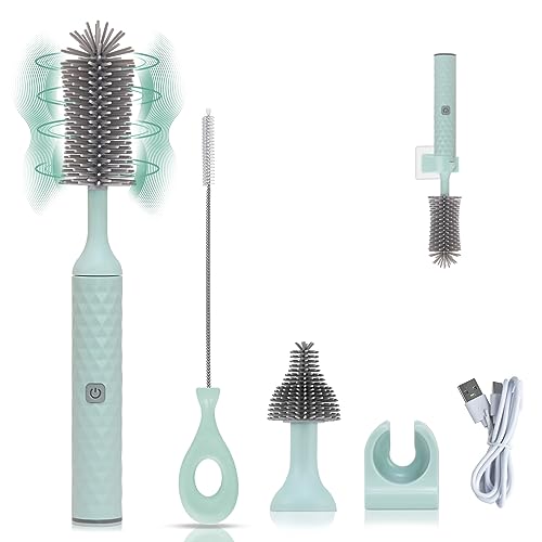 Image of WHNL Rechargeable Electric Bottle Brush Cleaner Set with 3 Piece Silicone Baby Bottle Brush Cleaner and Straw Cleaner Brush,BPA Free,Waterproof,Perfect Baby Registry Gift,Blue
