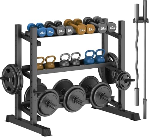 3-Tier Dumbbell Rack, 1800LB Capacity with Barbell Holder, Adjustable Heavy-Duty Weight Rack for Home Gym, Weight Stand for Dumbbells, Kettlebells & Weight Plates (Rack Only)
