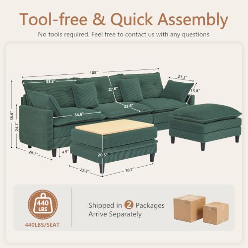 Image of Oversized Sectional Sofa, 107.3 inch U Shaped Cloud Couch Modern Modular Sectional Sofa with 2 Storage Ottoman Coffee Table, Corduroy Deep Seat Sofa with Throw Pillows for Living Room, Bedroom, Cream