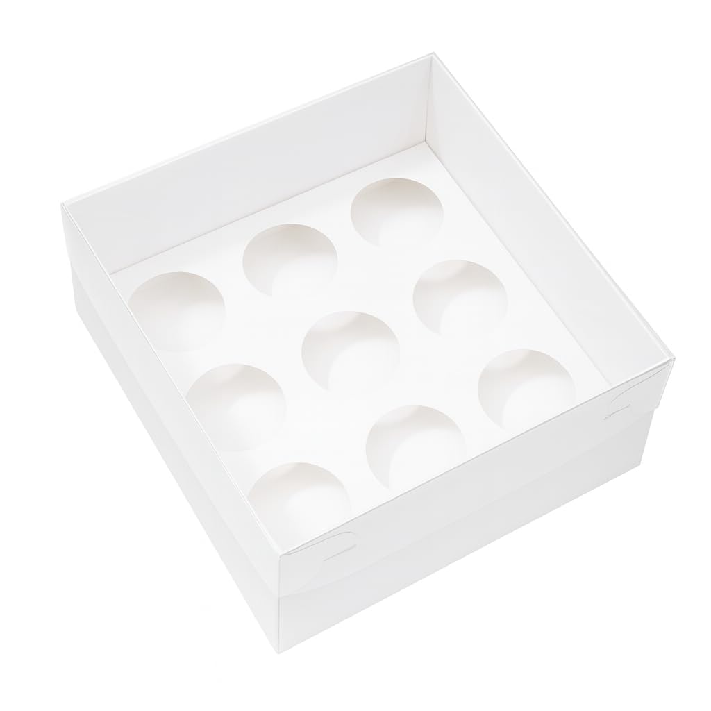 The Baked Studio White - Pack Of 5 - Extra Deep Premium Cupcake Boxes With Clear Presentation Lids | Tall Cake Boxes For Muffins & Cupcakes | Sturdy & Elegant Bakery Packaging (9 Holes)