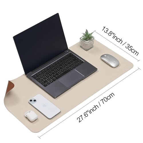 Image of AROPANA Vegan Leather Desk Mat | Large Reversible Mouse Pad & Computer Table Protector | Dual-Side Waterproof Extended Laptop Pad with Edge-Stitched Design (70x35CM, White and Coffee)