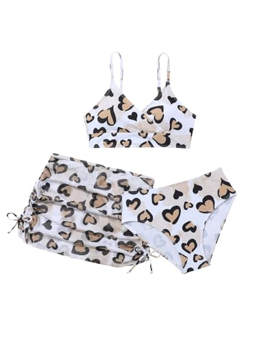 Girl's 3 Pieces Swimsuit Set Graphic Heart Print High Waisted Bikini with Drawstring Skirts Cover Up