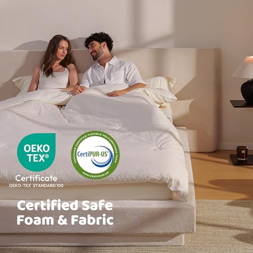 Image of RECCI AirFrame Cloud Upholstered Bed Frame with Extra Wide Headboard, 5 Inch Foam Fully Cushioned Platform, Easy Assembly, No Box Spring Needed (Beige, California King)