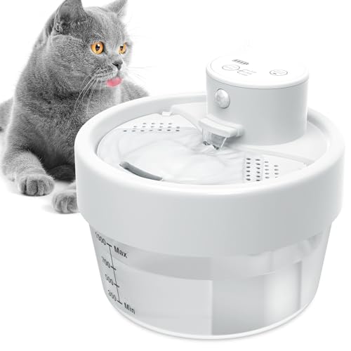 Jewyow 1L Katzenbrunnen Kabellos, Leiser Trinkbrunnen für Katze, 120° Bewegungsmelder Katzentrinkbrunnen mit Batterie Anzeige, 3 Modus, 2200mAh für...