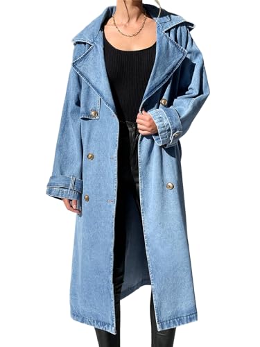 Fazortev Women's Long Double Breasted Denim Jacket Oversized Button Down Maxi Jean Coat Classic Lapel Outercoat