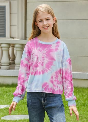 Girls Tie Dye Shirts Kids Long Sleeve Crewneck Sweatshirts Colorful Pullover Tops 7-12 Years3