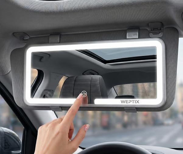 Image of Car Sun Visor Vanity Mirror,Big Led Mirror with 3 Light Modes & 80 LEDs,Rechargeable Makeup Mirror - Dimmable Touch Control, Light Up Universal Fit- (Rear Mirror)