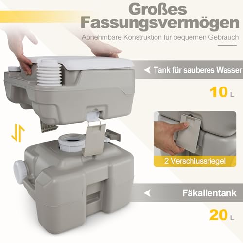 COSTWAY Toaleta kempingowa, przenośna toaleta kempingowa ze zbiornikiem na fekalia 20 l, przenośna toaleta z pompą spłukującą i lejkiem teleskopowym, toaleta podróżna na kemping, do wędkowania