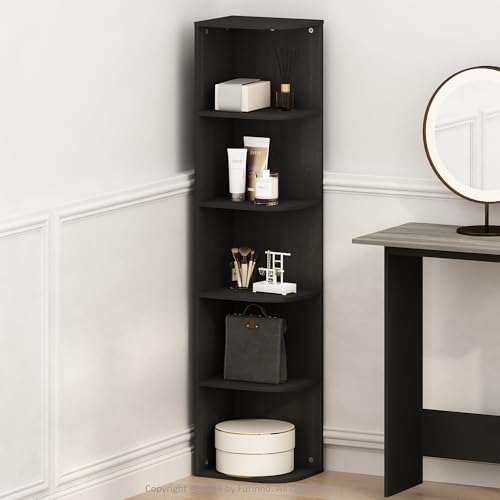 Image of Furinno Reed Corner Shelf, 5-Tier Corner Bookshelf, Book Shelf, Corner Shelves, Storage Rack, for Organization and Storage, Home Office, Living Room, Blackwood