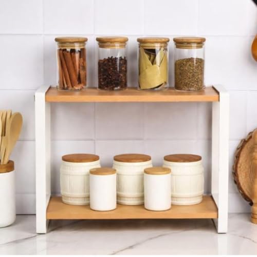 Image of 2 Tier Wooden & Metal Spice jar Masala Rack Organizer | Countertop Storage Stand for Kitchen, Bathroom & Cosmetics | Space-Saving Multi-Purpose Rack (White & Beech)