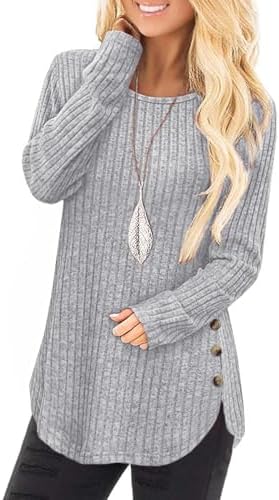 Tanmolo Damen Rippstrick Pullover Herbst Leicht Rundhals Langarm | Elegante Strickpullover, Seitliche Knopfe, Arc-Saum, Basic Oberteile, Casual Langarmshirt, Modisch, pflegeleicht,