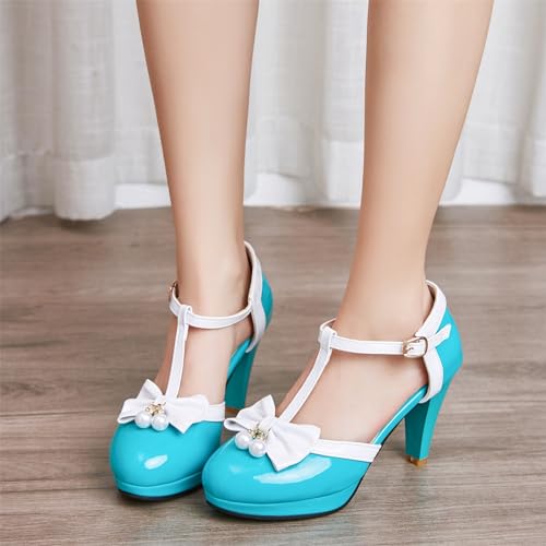 Image of Elbslutt Women's Cute Retro Rockabilly Shoes T Strap Mary Janes Heels Chunky Cosplay Shoes Sweet Block Heeled Bow Pumps
