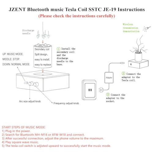 JZENT Bluetooth Music Tesla Coil SSTC Desktop Toy Plasma Loudspeaker Arc Generator Wireless Transmission Teaching Demonstration Experiment Model for boys JE-19