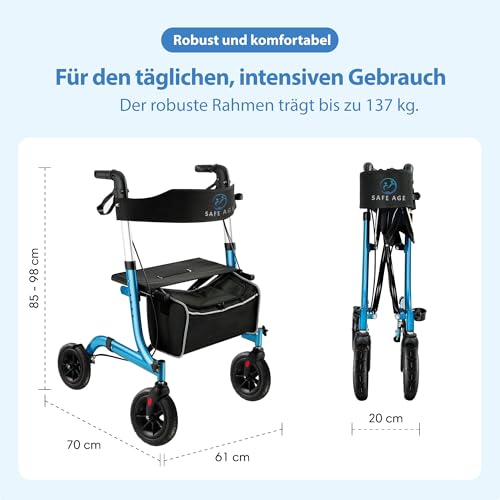 Safe Age Rollator faltbar und leicht mit Sitz - Gehhilfe für Senioren, Rollator für die Wohnung Indoor & Outdoor - mit Rückenlehne und Gehstockhalter