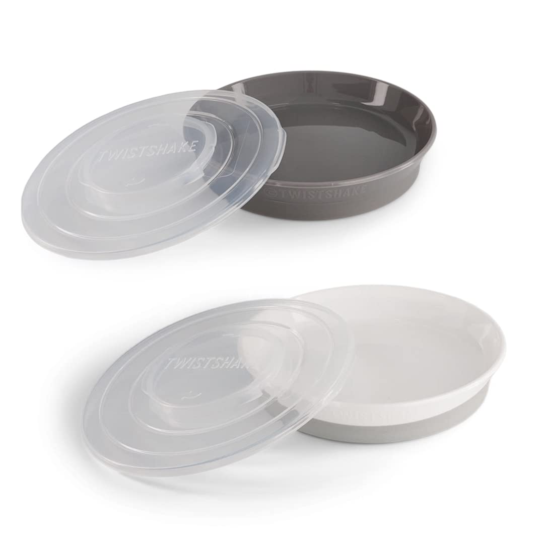 Twistshake 2X Plate | Baby Plate with Airtight Lid | BPA-Free Baby Weaning Plate | Food Training Plate | Learning Plate for Children | 6 Month+ Baby Feeding Plate | Newborn Essentials | Grey White