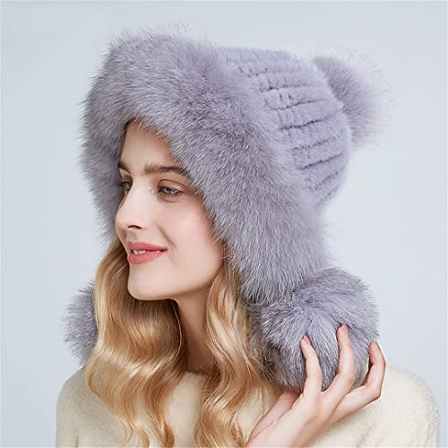 Desconocido Gorros de Piel de Invierno para Mujer, Gorros con pompón de Piel, Gorros de Piel de Punto con Forro cálido