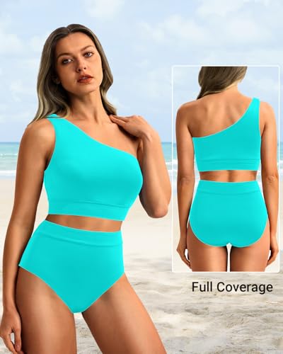 Image of Holipick Women One Shoulder High Waisted Bikini Sets Two Piece Swimsuit Tummy Control Bathing Suit Full Coverage Swimwear