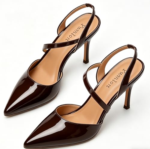 Image of Closed Toe Slingback Heels Wedding High Stiletto Heel for Women 3.3 Inch Ankle Strap Pointed Toe Pumps Prom Dress Bride Shoes for Dinner Party Sexy
