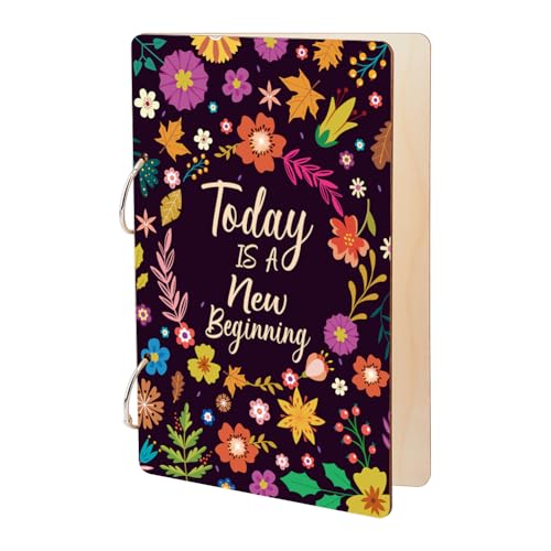 SUPERDANT Album Carte Postale de Vœux à Fleurs et Plantes Colorées en Bois Presentoir Carte Postale Today Is A New Beginning Journal Card Keeper Rangement Photo de Texte Inspirant avec 2 anneau