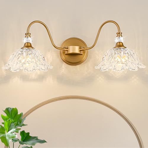 Image of Vintage Bathroom Vanity Light, 2-Light Matte Brass Finish Vanity Light with Floral Clear Glass Shades, Retro Wall Sconce for Bathroom, Dressing Table