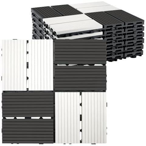 famobay Wood Plastic Composite Patio Deck Tiles,DIY Interlocking Decking Tiles, Floor Tile,Durable, Maintenance,Waterproof,Indoor Outdoor (6, Checked Black & White, 12" x 12") Cover