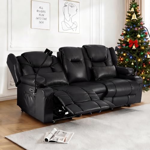 Image of Power Recliner Loveseat for Living Room, Loveseat Sofa with Center Console, USB Type-C Port, PU Leather Chair with Vibration Massage and Heat, Speaker Oversized Recliner Chair for Home Theater (Black)