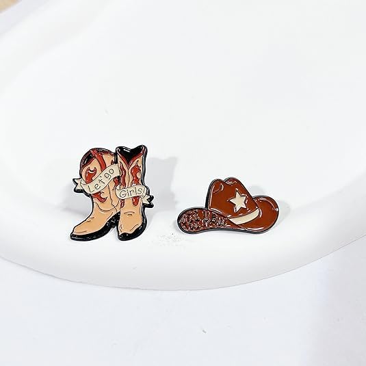 Image of Cowboy Cowgirl Boots Hat Lucky Enamel Pin Brooch for Women Girls Boys 2 Pcs Brown Western Cute Novelty Lapel Pins Star Letter Brooches Travel Adventure Badge Backpack Jewelry Decoration