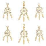 NBEADS 6 dijes de red tejida de latón de 3 estilos, red de corazón chapada en oro real de 18 quilates con dije de pluma, colgantes de circonita cúbica a granel para joyas, collares, pulseras, aretes