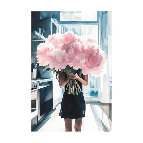 Toile peinture femme tenant pivoines roses 70x100cm TERUEA