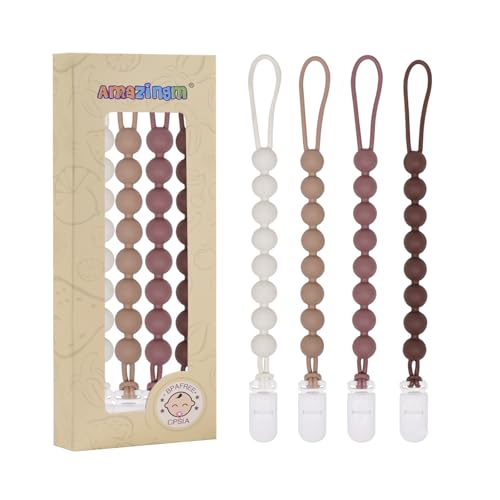 Image of 4 Pcs Brown Baby Silicone Teething Pacifier Clip,One-piece Design,Round Shape,Smooth Surface,BPA Free.