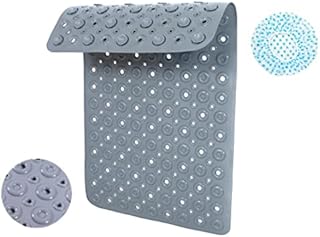 Soft PVC Shower Mat for Inside Shower  Non-Slip Bath Mat for Bathroom & Bathtub with Grip Suction Cups & Drain Holes - Machine Washable Anti-Bacterial Shower Mat with Shower Cap -70 x 40CM (Grey)