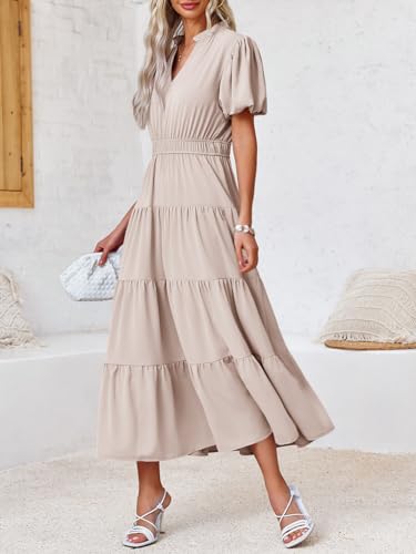Image of Wenrine Womens Summer Midi Dress A-Line Puff Short Sleeve V Neck Dresses