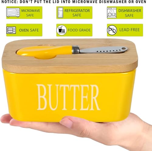 Image of Ceramic Butter Dish with Wooden Lid, Airtight Butter Keeper for Counter or Fridge with Stainless Steel Multipurpose Butter Knife, Butter Container with Double High-Quality Silicone(Yellow)