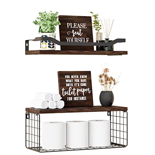 Floating Shelves Wall Mounted With 2 Bathroom Wall Décor Sign, Farmhouse Bathroom Wall Shelves Over Toilet With Paper Storage Basket, Rustic Wood Shelves With Guardrail-Rustic Brown #TOP20